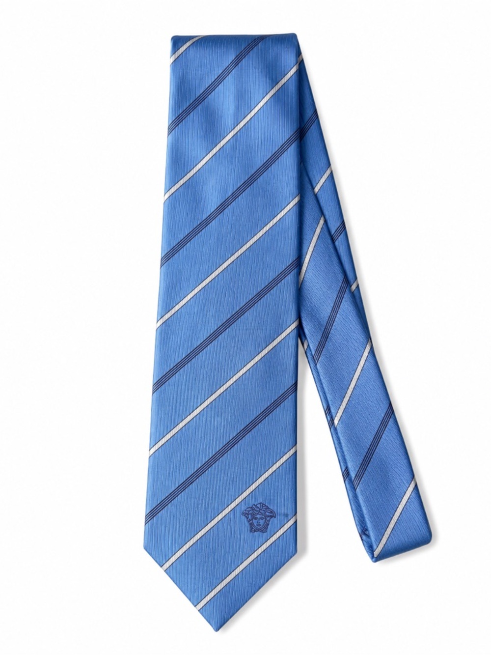 Versace Diagonal Stripe Blue Silk Medusa Logo‎ Mens Luxury Tie Made In Italy